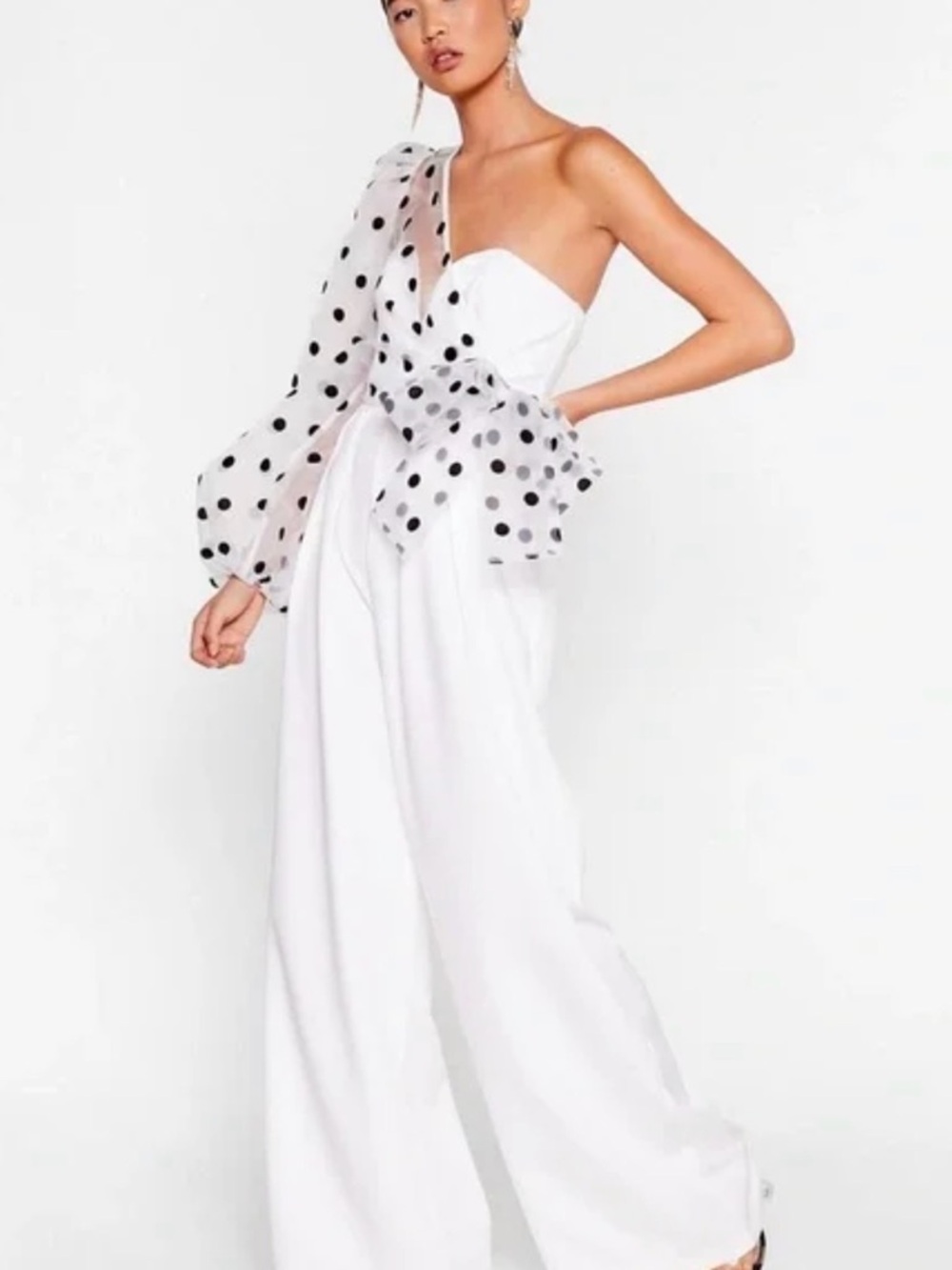 Nasty Gal White One-Shoulder Polka Dot Wide-Leg Jumpsuit